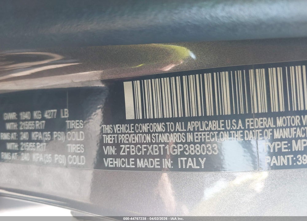 2016 FIAT 500X EASY VIN: ZFBCFXBT1GP388033