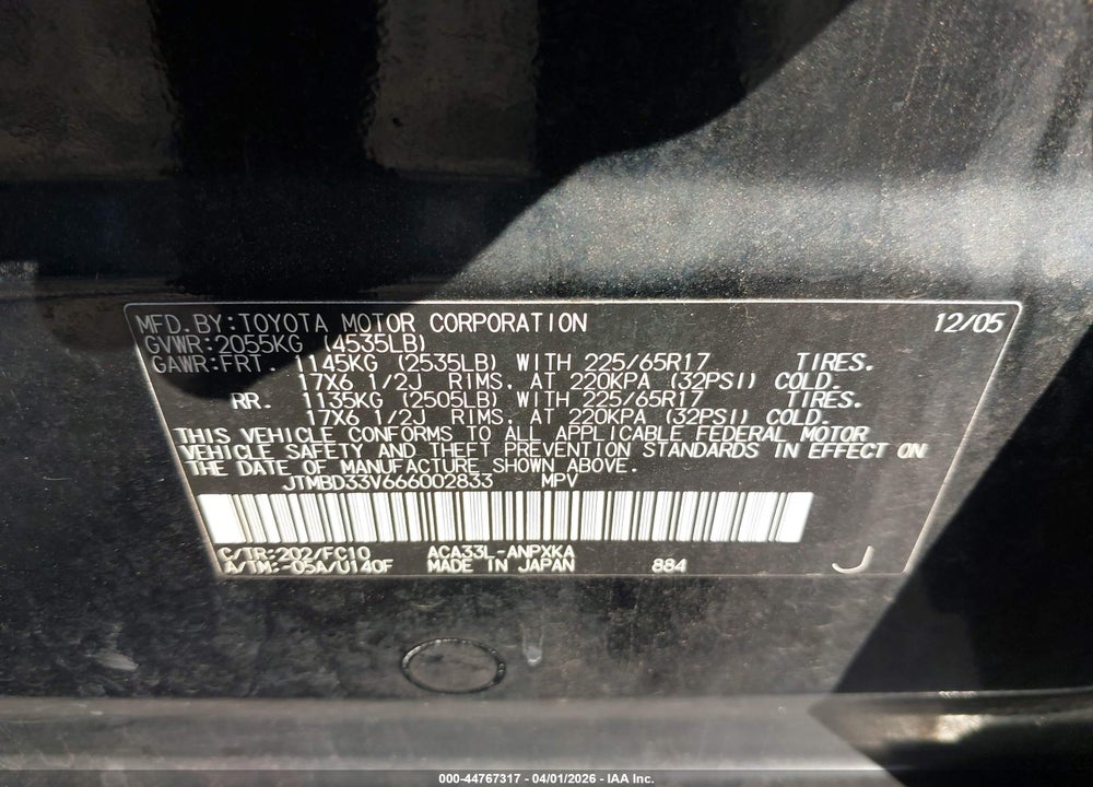 2006 TOYOTA RAV4 VIN: JTMBD33V666002833