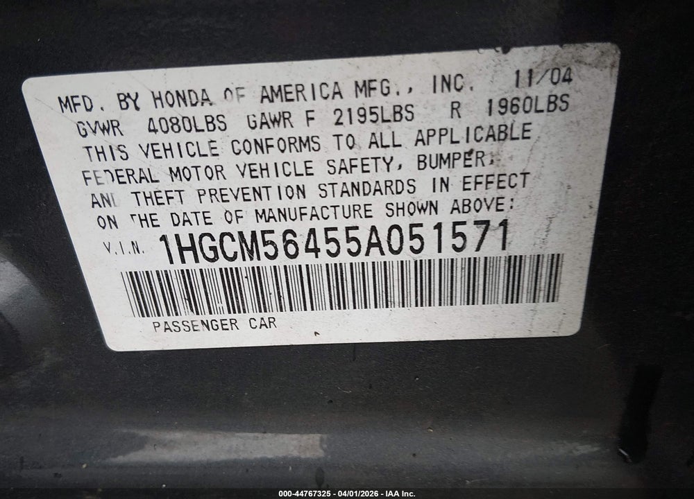 2005 HONDA ACCORD 2.4 LX VIN: 1HGCM56455A051571