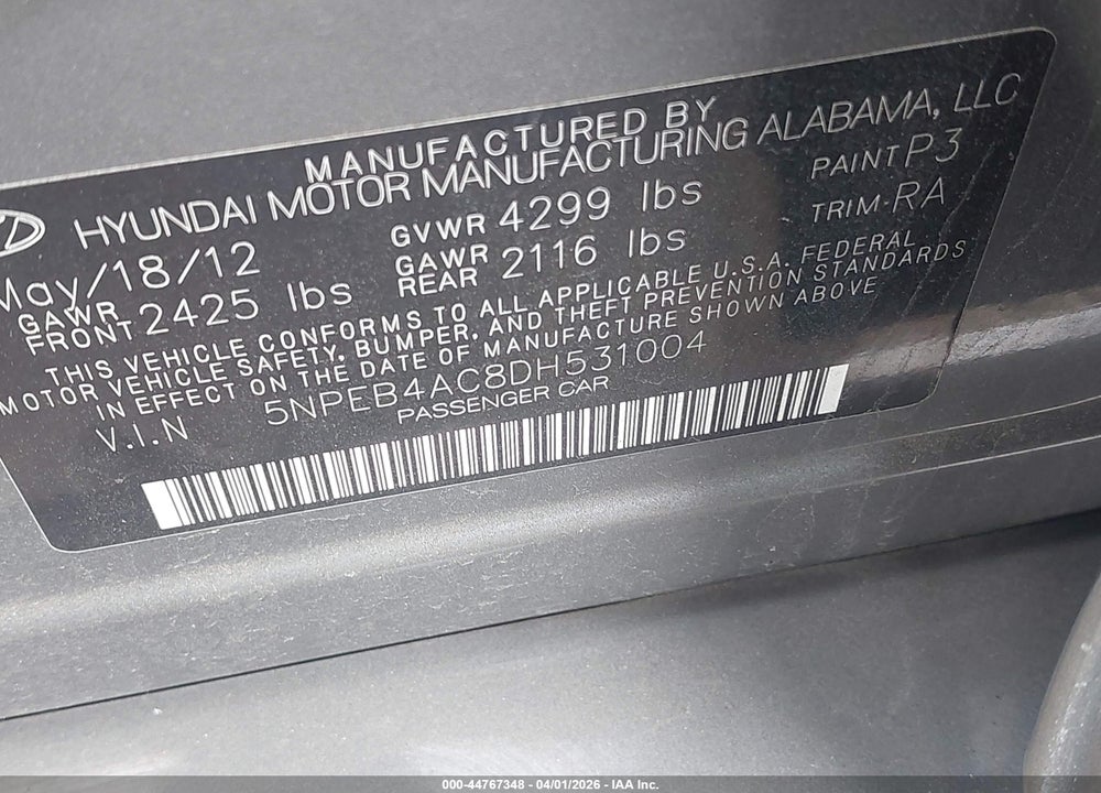 2013 HYUNDAI SONATA GLS VIN: 5NPEB4AC8DH531004