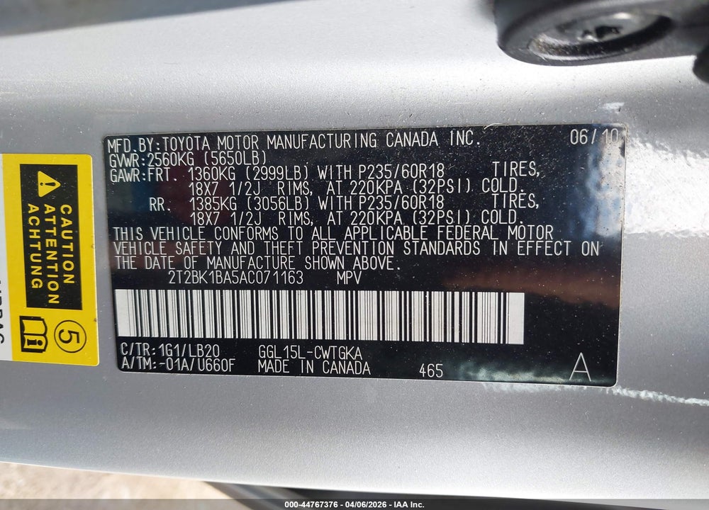 2010 LEXUS RX 350 VIN: 2T2BK1BA5AC071163