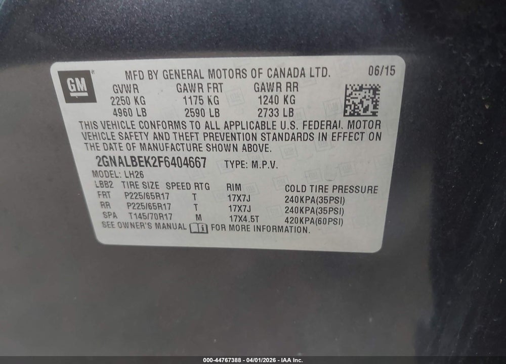 2015 CHEVROLET EQUINOX 1LT VIN: 2GNALBEK2F6404667