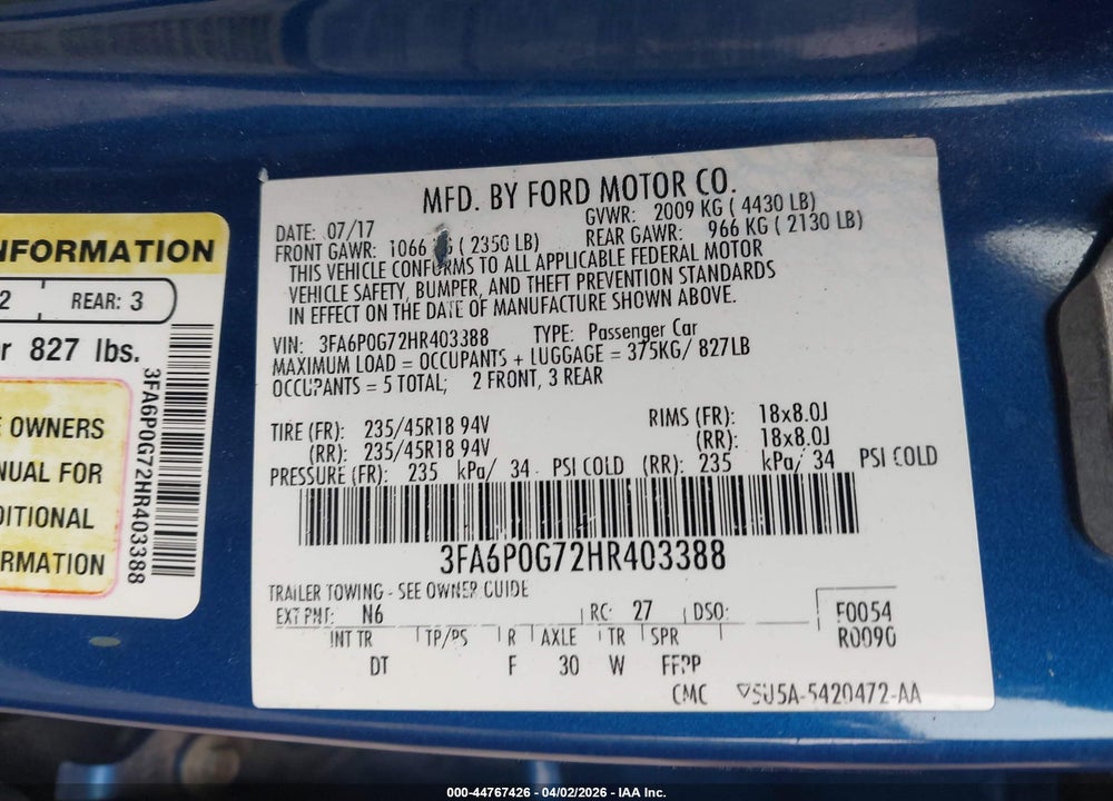 2017 FORD FUSION S VIN: 3FA6P0G72HR403388