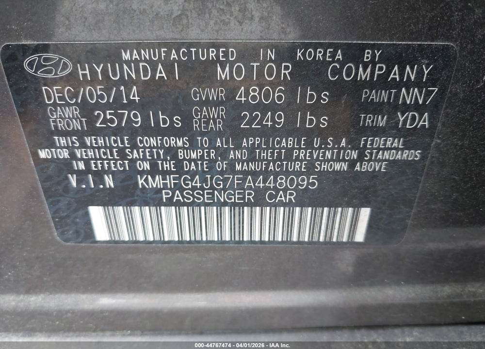 2015 HYUNDAI AZERA VIN: KMHFG4JG7FA448095
