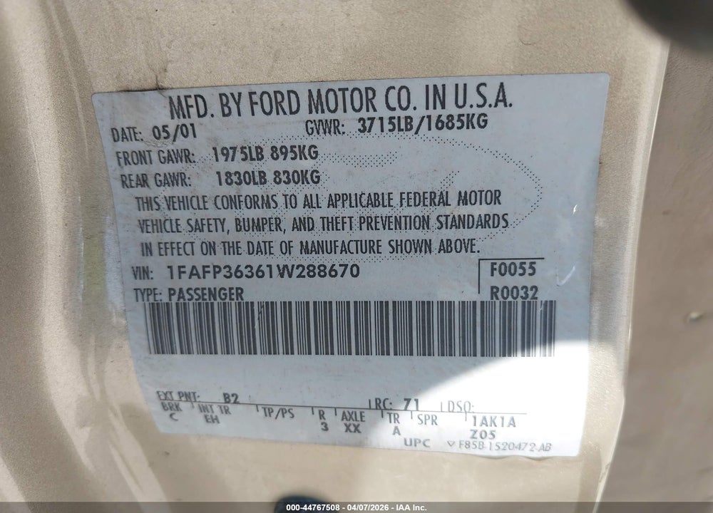 2001 FORD FOCUS SE VIN: 1FAFP36361W288670
