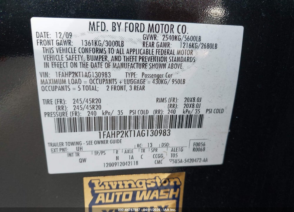 2010 FORD TAURUS SHO VIN: 1FAHP2KT1AG130983