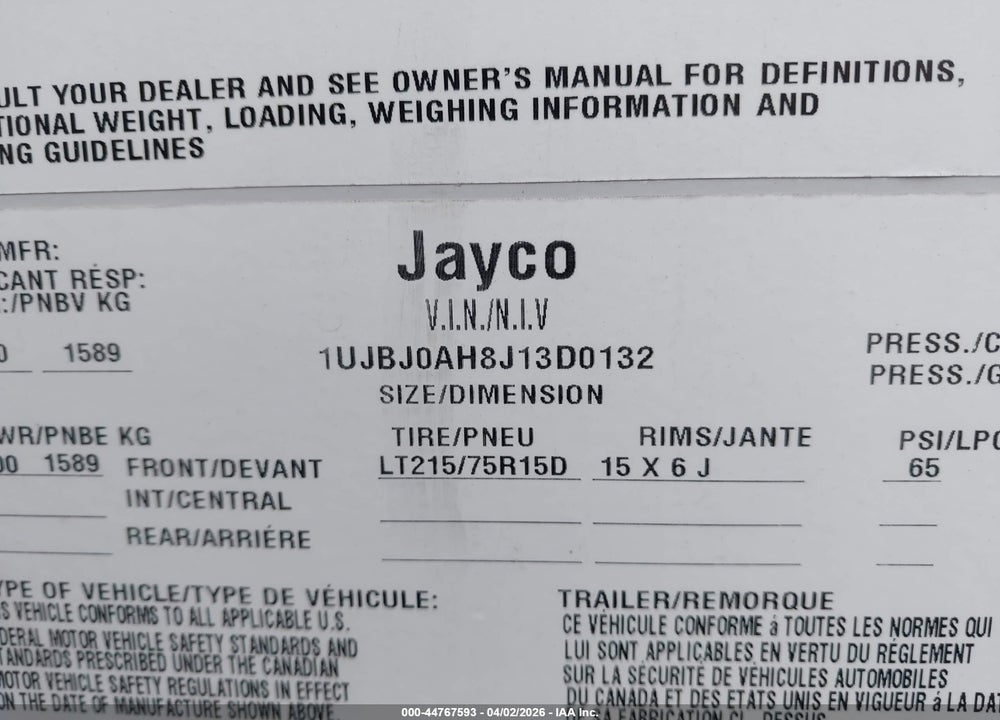2018 JAYCO TRAILER VIN: 1UJBJ0AH8J13D0132