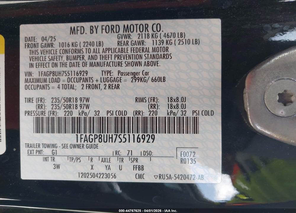 2025 FORD MUSTANG ECOBOOST PREMIUM VIN: 1FAGP8UH7S5116929
