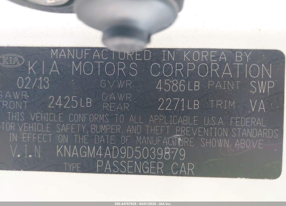 2013 KIA OPTIMA HYBRID EX VIN: KNAGM4AD9D5039879