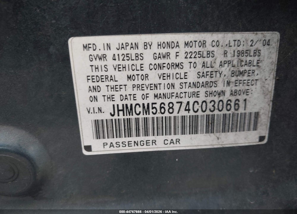 2004 HONDA ACCORD 2.4 EX VIN: JHMCM56874C030661