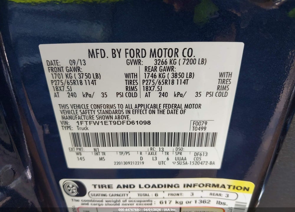 2013 FORD F-150 XLT VIN: 1FTFW1ET9DFD61098
