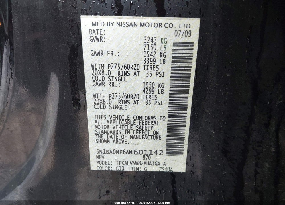 2010 NISSAN ARMADA PLATINUM VIN: 5N1BA0NF6AN601142