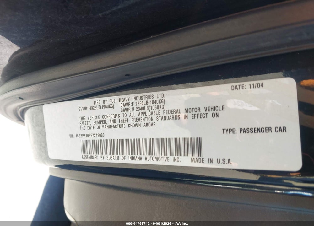 2005 SUBARU LEGACY 2.5I VIN: 4S3BP616657349088