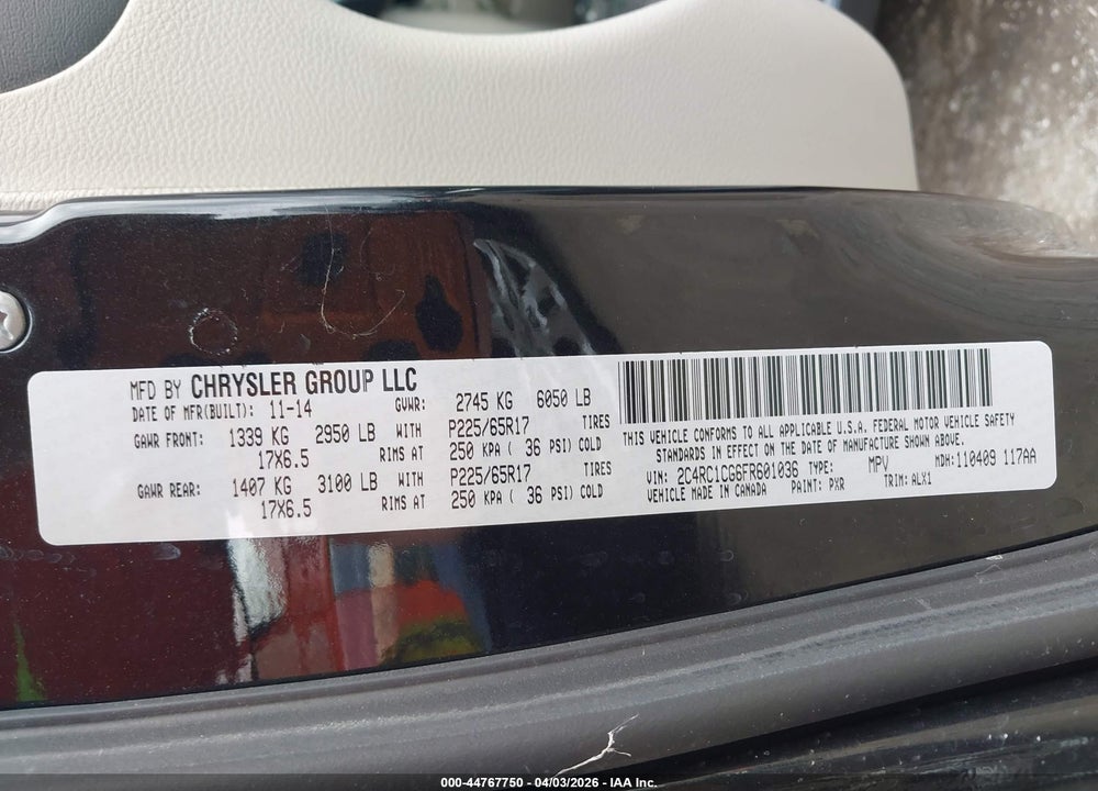 2015 CHRYSLER TOWN & COUNTRY TOURING-L VIN: 2C4RC1CG6FR601036