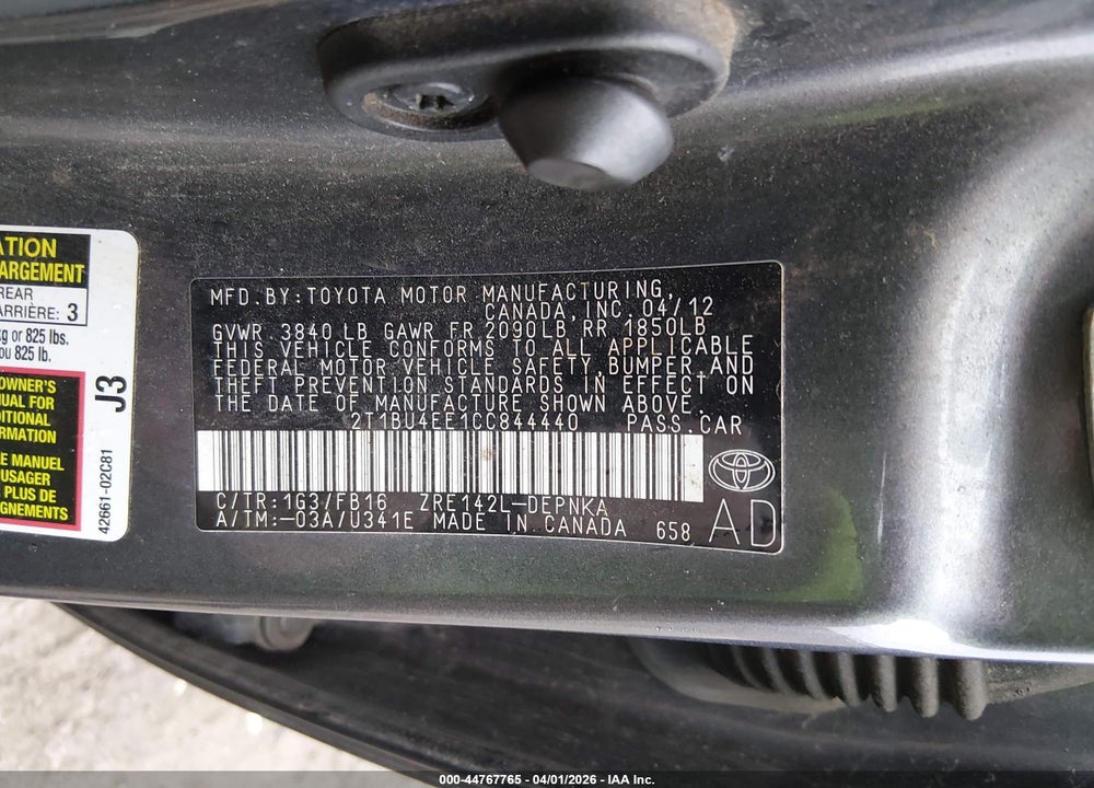 2012 TOYOTA COROLLA LE VIN: 2T1BU4EE1CC844440