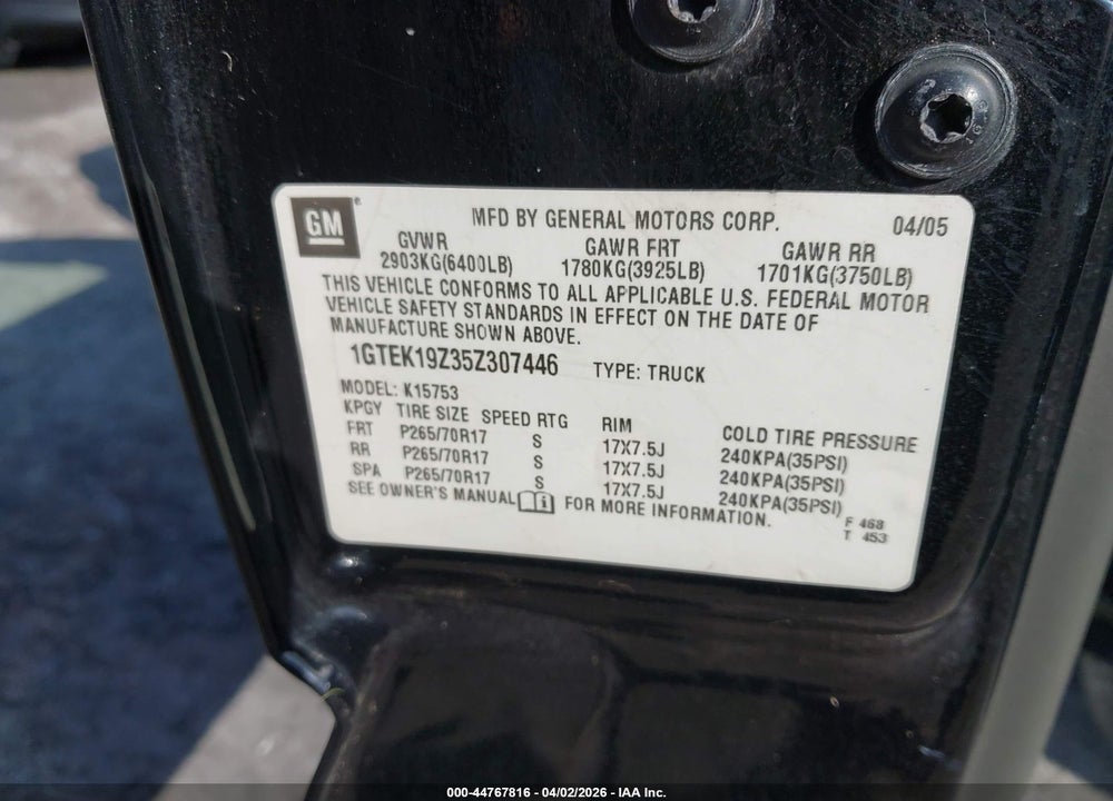 2005 GMC SIERRA 1500 SLE VIN: 1GTEK19Z35Z307446