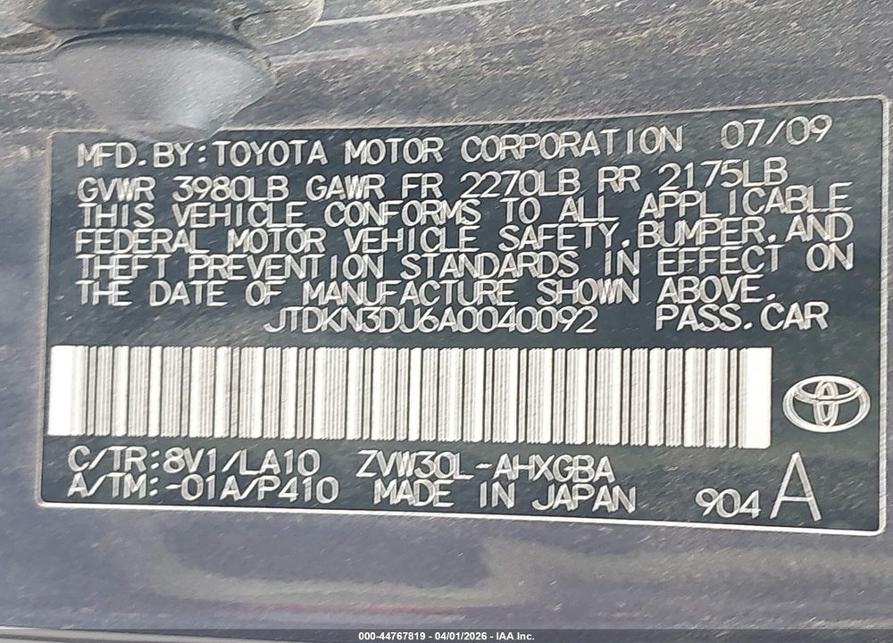 2010 TOYOTA PRIUS IV VIN: JTDKN3DU6A0040092