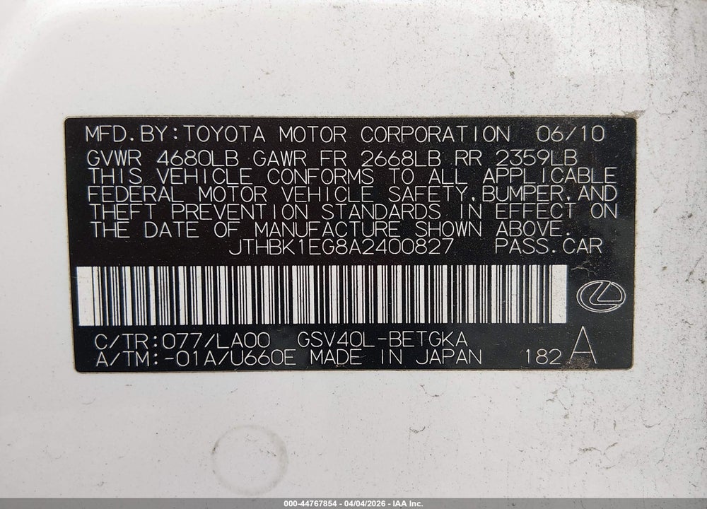 2010 LEXUS ES 350 VIN: JTHBK1EG8A2400827