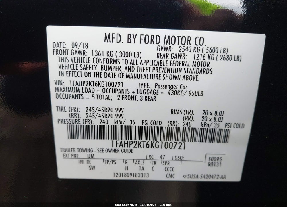 2019 FORD TAURUS SHO VIN: 1FAHP2KT6KG100721