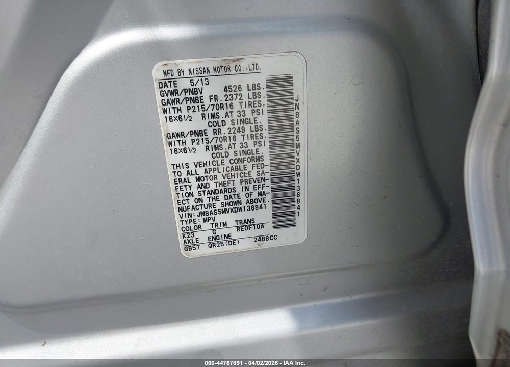 2013 NISSAN ROGUE S VIN: JN8AS5MVXDW136841