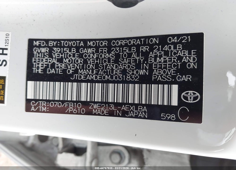 2021 TOYOTA COROLLA HYBRID LE VIN: JTDEAMDE0MJ031832