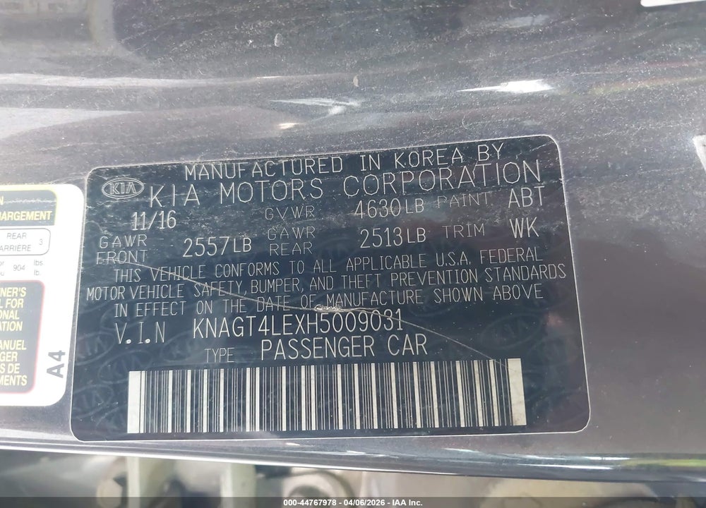 2017 KIA OPTIMA HYBRID VIN: KNAGT4LEXH5009031