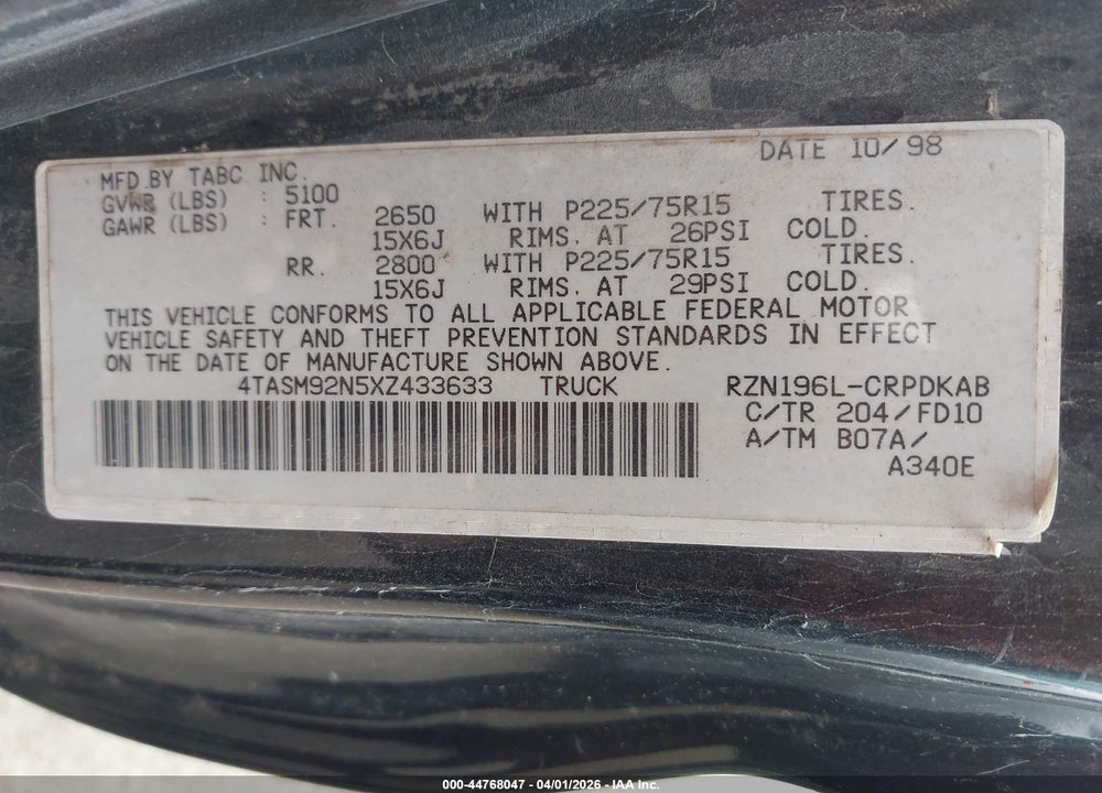 1999 TOYOTA TACOMA PRERUNNER VIN: 4TASM92N5XZ433633