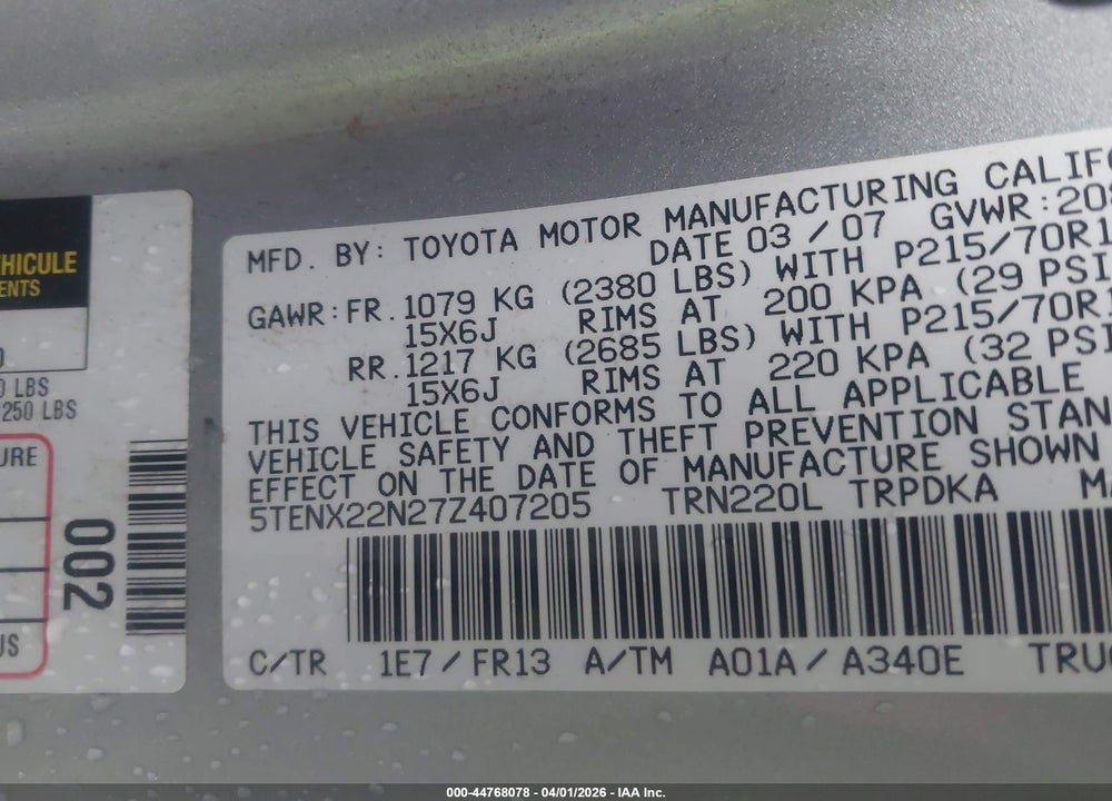 2007 TOYOTA TACOMA VIN: 5TENX22N27Z407205