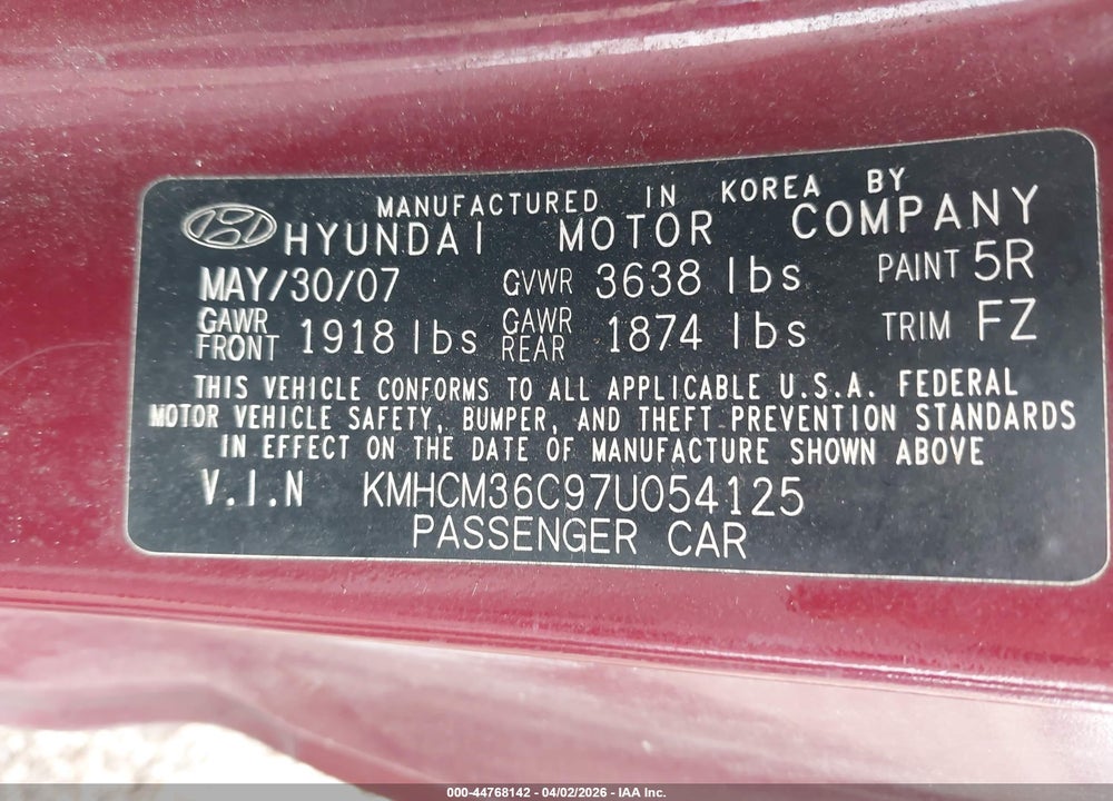 2007 HYUNDAI ACCENT GS VIN: KMHCM36C97U054125