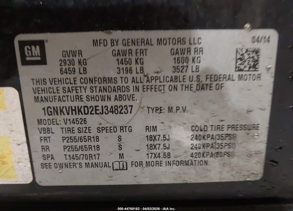 2014 CHEVROLET TRAVERSE 2LT VIN: 1GNKVHKD2EJ348237