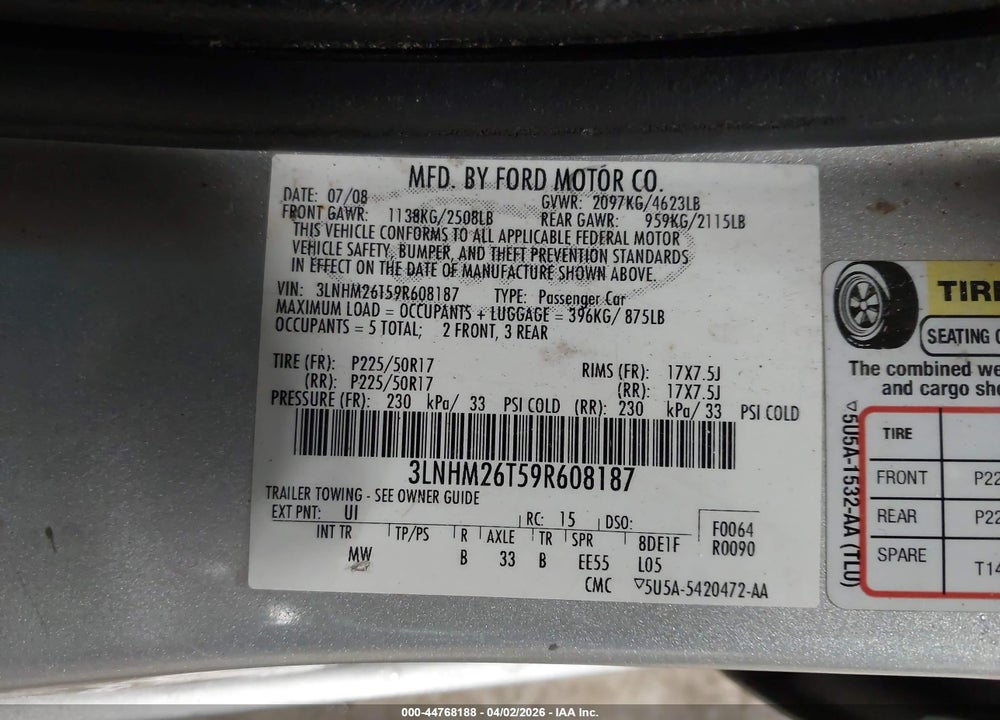 2009 LINCOLN MKZ VIN: 3LNHM26T59R608187
