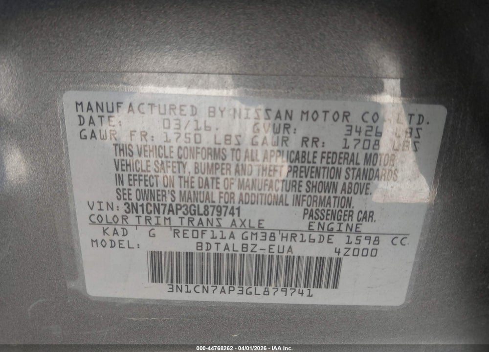 2016 NISSAN VERSA 1.6 SV VIN: 3N1CN7AP3GL879741