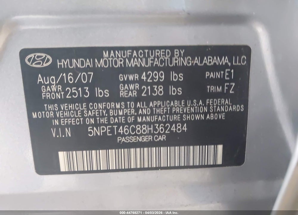 2008 HYUNDAI SONATA GLS VIN: 5NPET46C88H362484