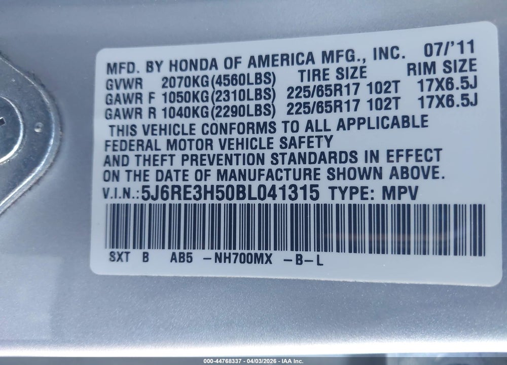 2011 HONDA CR-V EX VIN: 5J6RE3H50BL041315