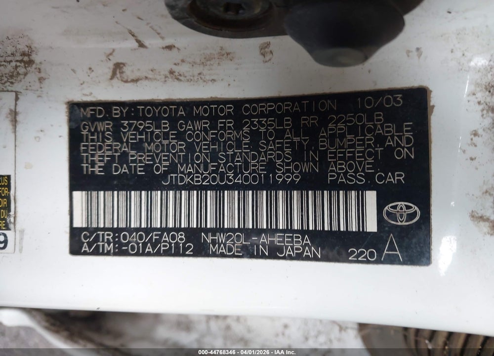 2004 TOYOTA PRIUS VIN: JTDKB20U340011999