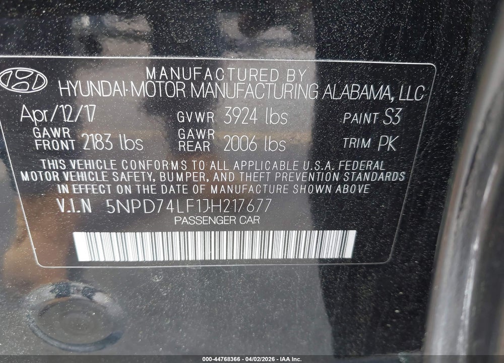 2018 HYUNDAI ELANTRA SE VIN: 5NPD74LF1JH217677
