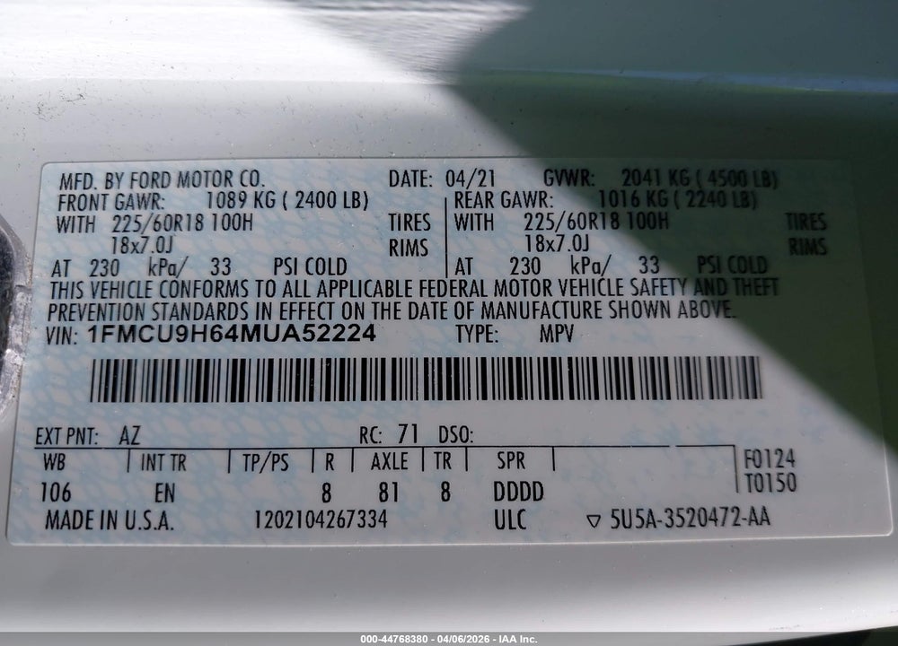 2021 FORD ESCAPE SEL VIN: 1FMCU9H64MUA52224
