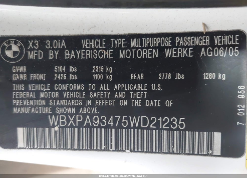 2005 BMW X3 3.0I VIN: WBXPA93475WD21235
