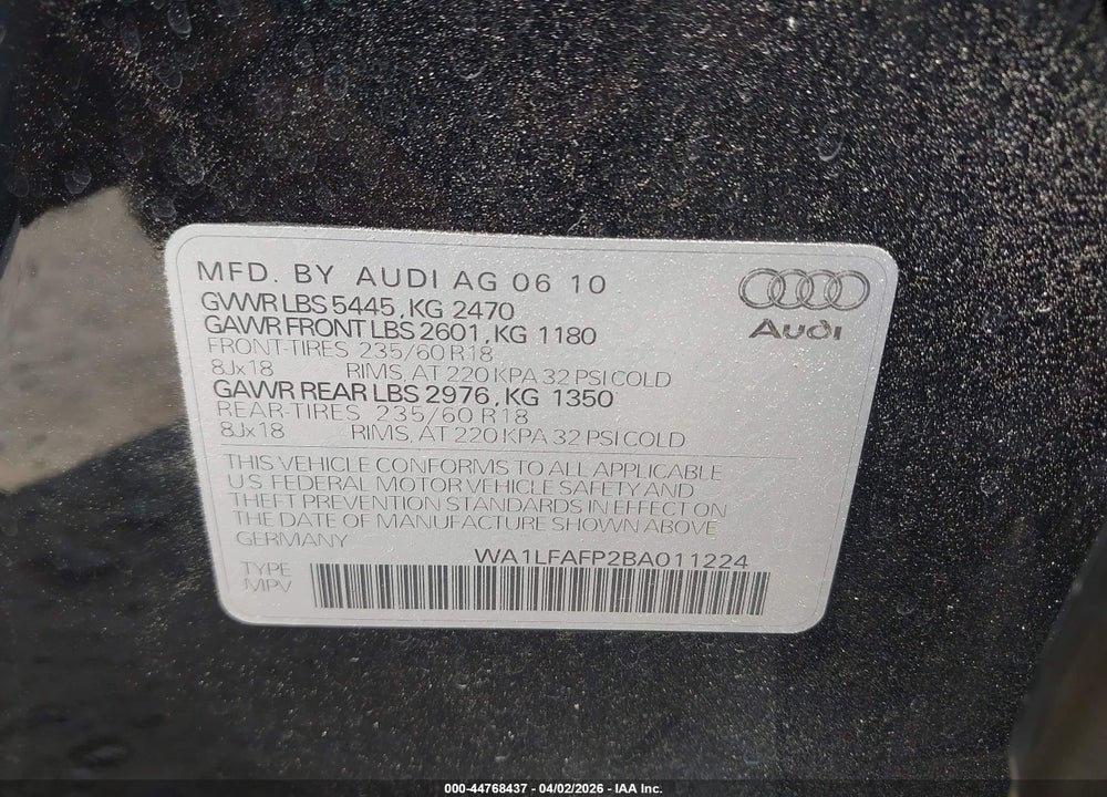 2011 AUDI Q5 2.0T PREMIUM VIN: WA1LFAFP2BA011224