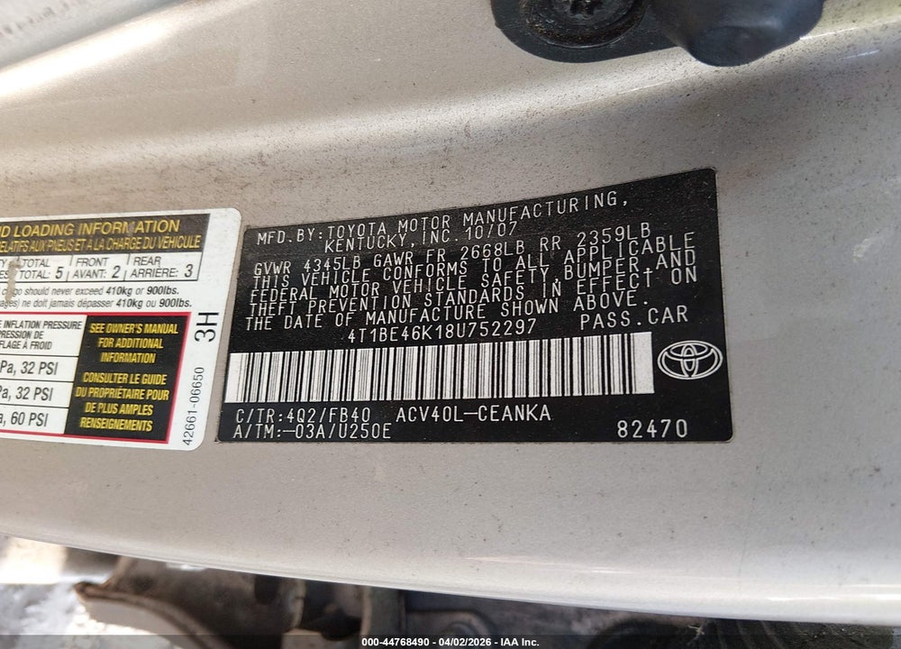 2008 TOYOTA CAMRY LE VIN: 4T1BE46K18U752297