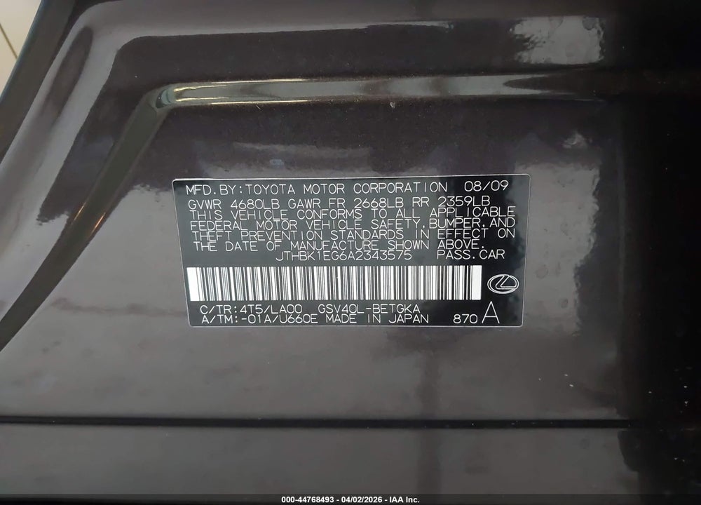 2010 LEXUS ES 350 VIN: JTHBK1EG6A2343575