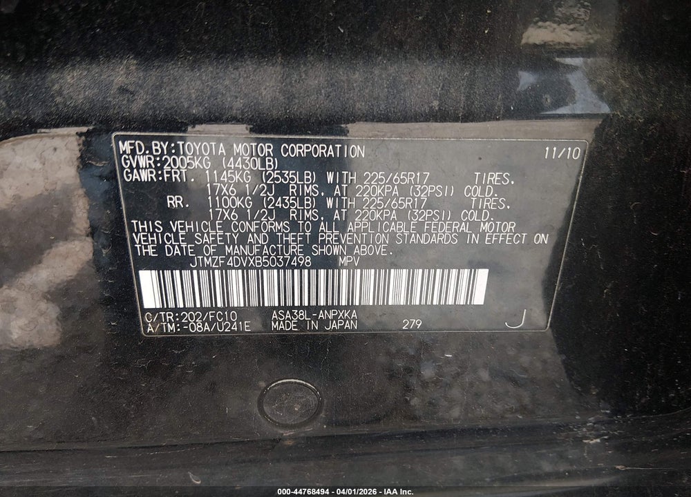 2011 TOYOTA RAV4 VIN: JTMZF4DVXB5037498
