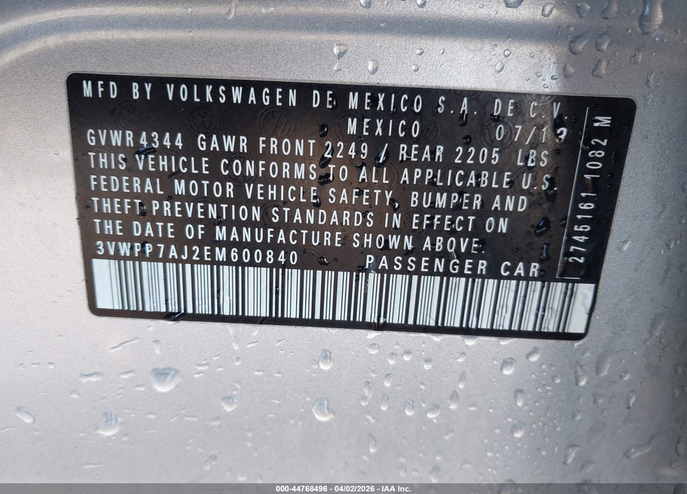 2014 VOLKSWAGEN JETTA SPORTWAGEN 2.5L S VIN: 3VWPP7AJ2EM600840