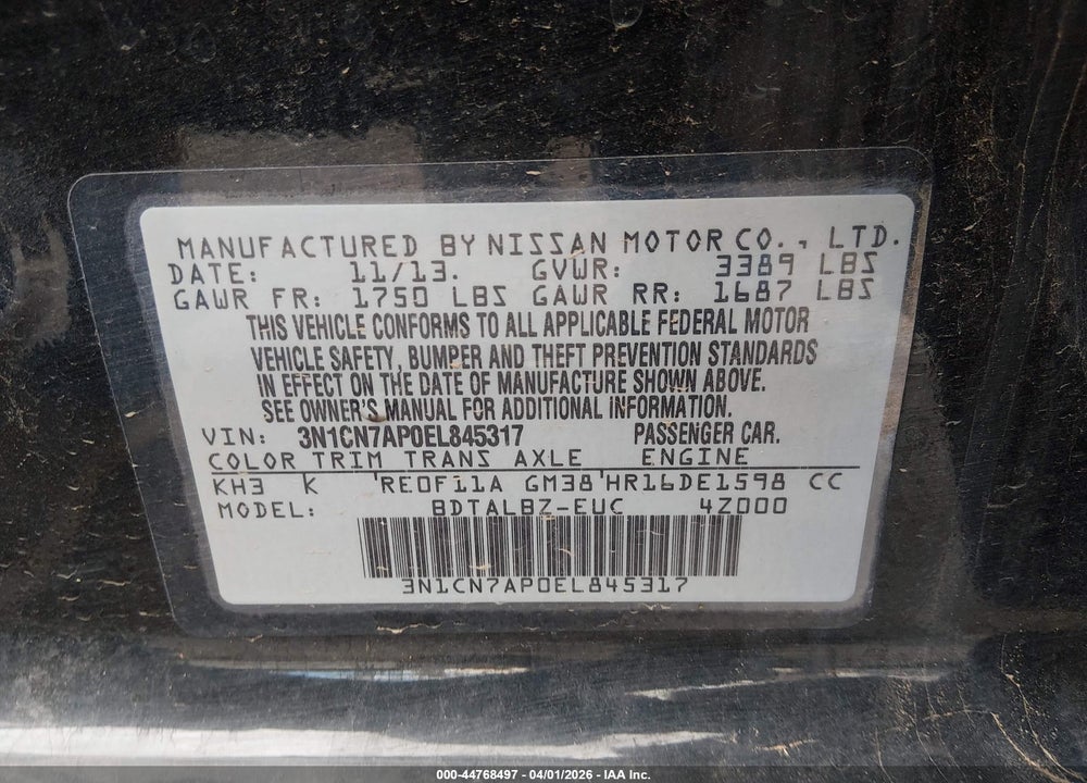 2014 NISSAN VERSA 1.6 SV VIN: 3N1CN7AP0EL845317
