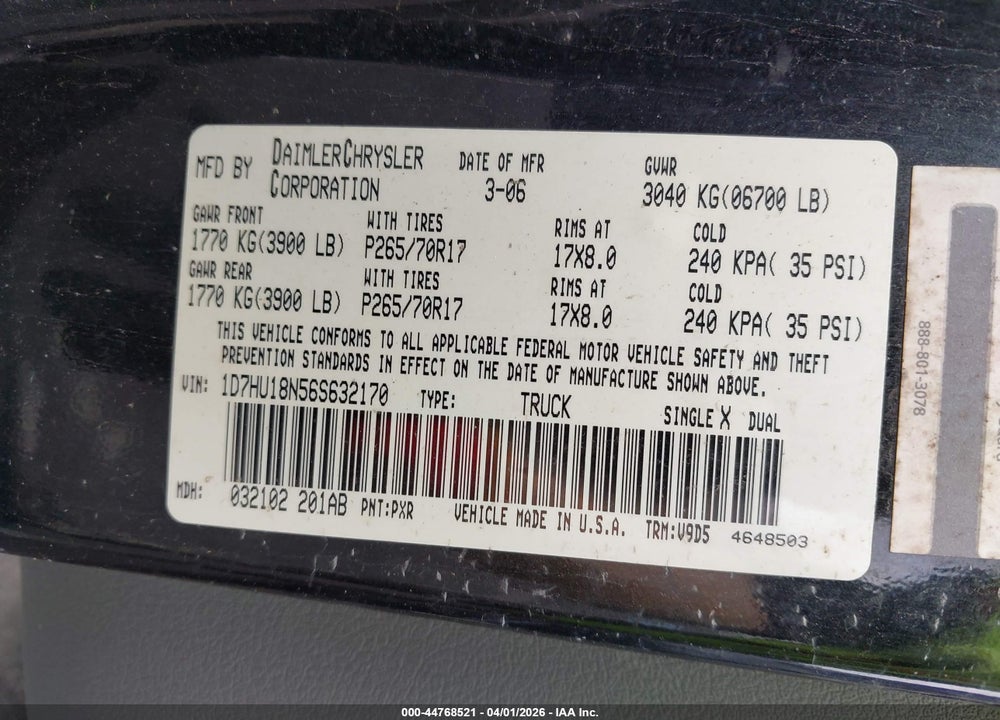 2006 DODGE RAM 1500 SLT/TRX4 OFF ROAD/SPORT VIN: 1D7HU18N56S632170