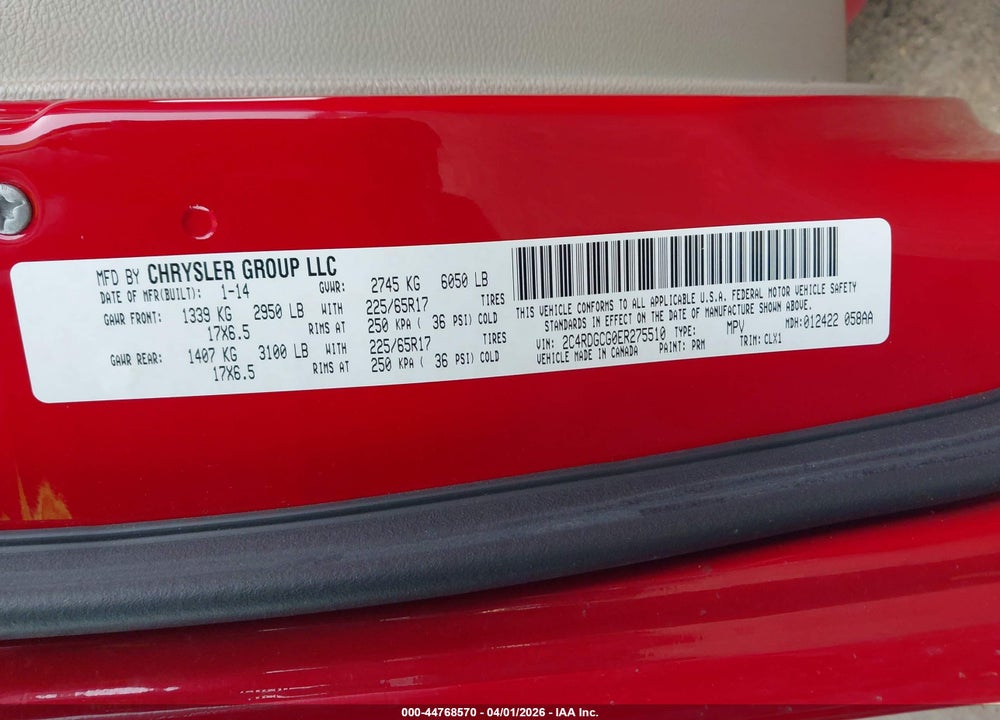 2014 DODGE GRAND CARAVAN SXT 30TH ANNIVERSARY VIN: 2C4RDGCG0ER275510