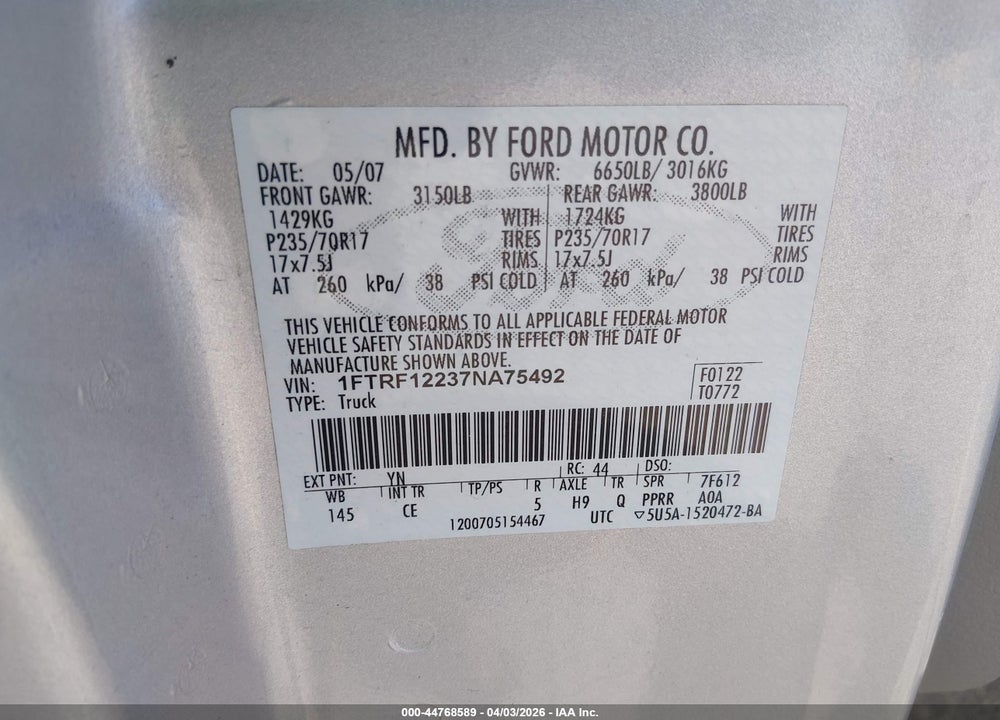 2007 FORD F-150 STX/XL/XLT VIN: 1FTRF12237NA75492