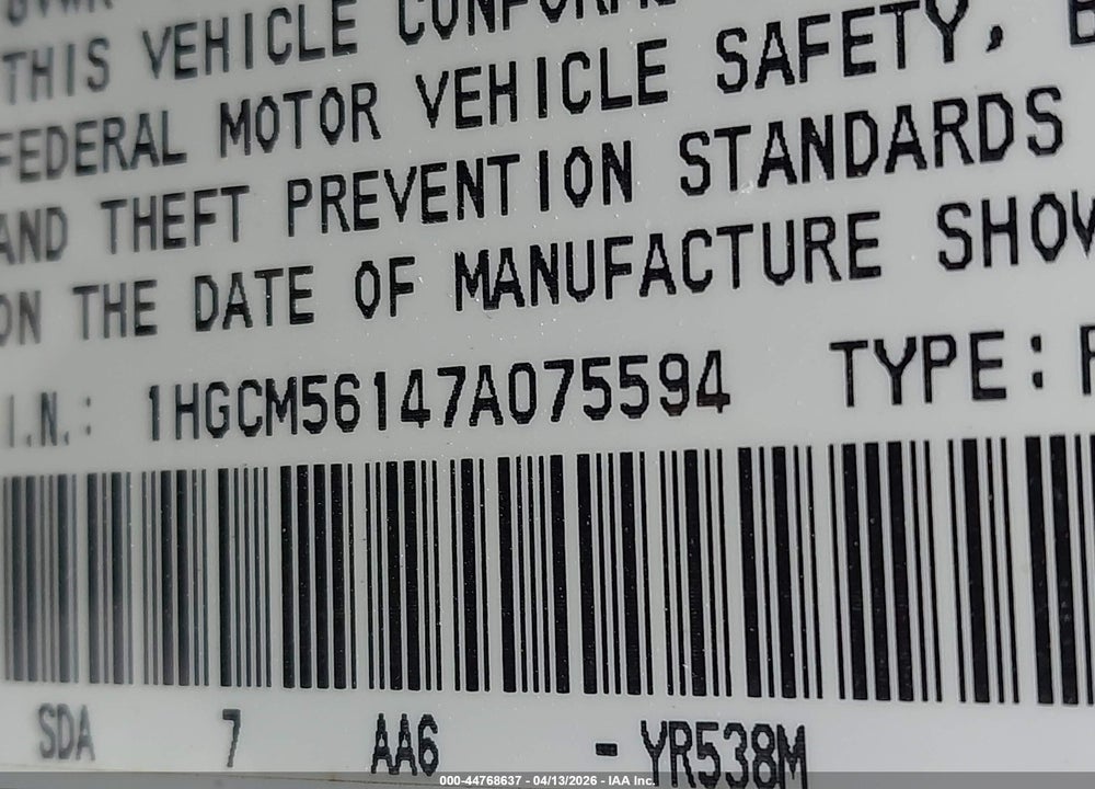 2007 HONDA ACCORD 2.4 VP VIN: 1HGCM56147A075594