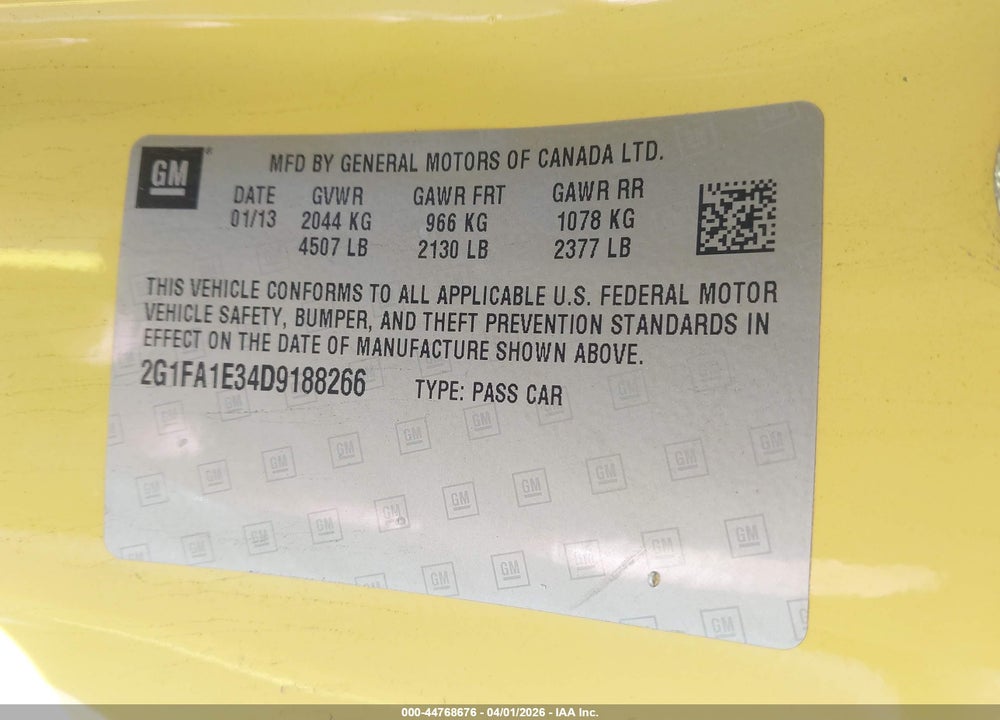 2013 CHEVROLET CAMARO 2LS VIN: 2G1FA1E34D9188266