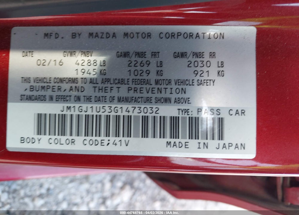2016 MAZDA 6 I SPORT VIN: JM1GJ1U53G1473032